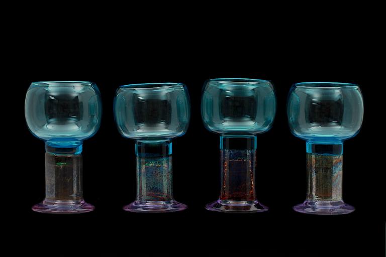 POKALER, 4 st, glas, Kaj Franck, Nuutajärvi, Notsjö, Arabia, 1900-tal, sign.