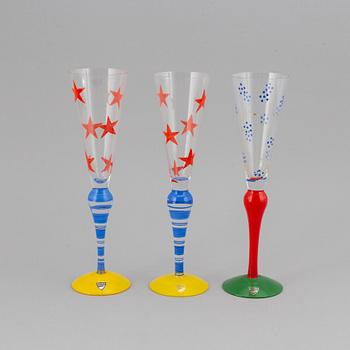 Anne Nilsson, ten hand painted 'Clown' champagne glasses, Orrefors.