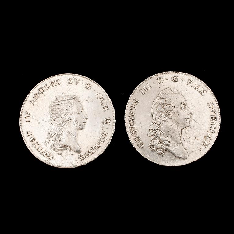 MYNT, 2 st, silver, 1 riksdaler, Gustav III respektive Gustaf IV Adolf, 1780 respektive 1794. Total vikt ca 58g.