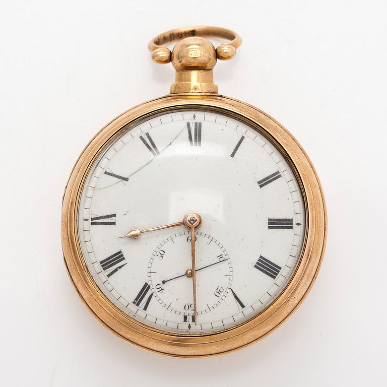 Taskukello, 52 mm, 18K kultaa, John Moncas, Liverpool, 1800-luvun ensimmäinen puolisko.