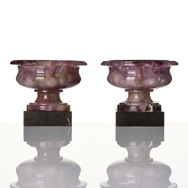 A pair of 'Blue John' feldspar salts, 19th century.