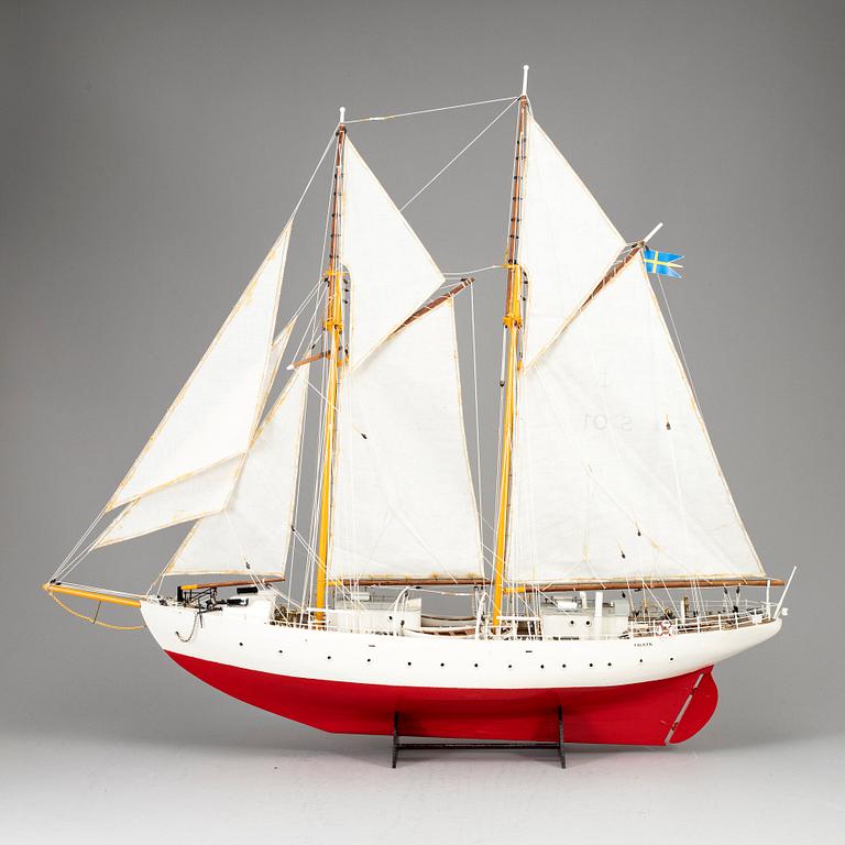 A painted wood ships model of Swedish navy ship 'Falken'.