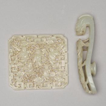 A nephrite belt hook and object, presumably late Qing dynasty, circa 1900.