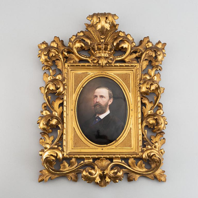 Porcelain painting, a royal portrait depicting Oscar II of Sweden and Norway, second half of the 19th-century.