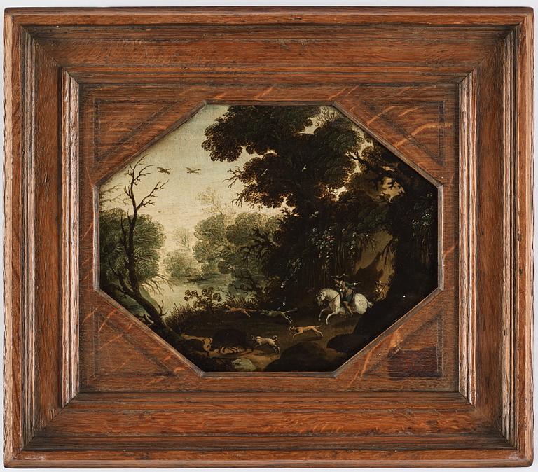Cyriacus Bril, Forest landscape with boar hunting.