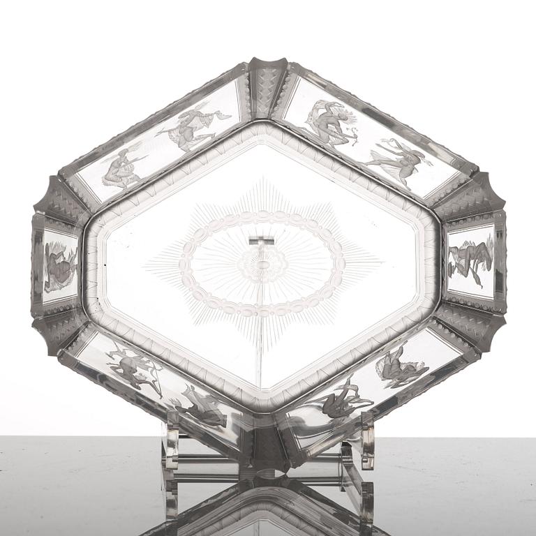 Simon Gate, an hexagonal engraved bowl, Orrefors, Sweden 1922, engraved by Richard Bayer, model nr 237.