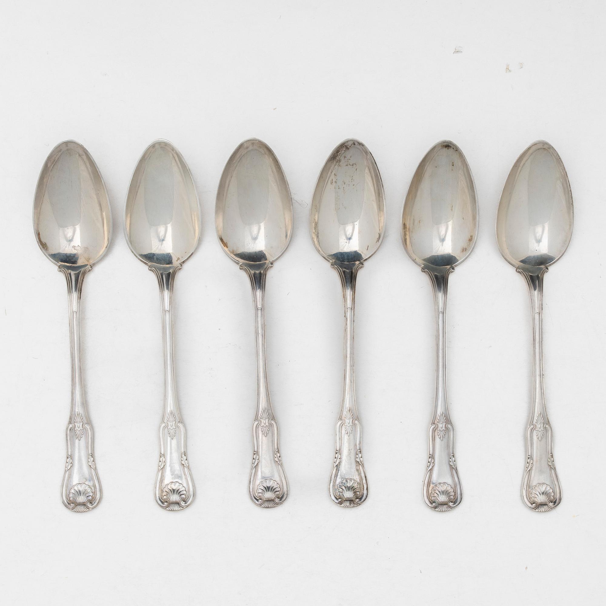 Six Swedish silver dinner spoons, mark of Carl Tengstedt & son, Gothenburg 1883.