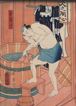 877. Utagawa Kunisada Kochoro Toyokuni III, Man vid badtunna.