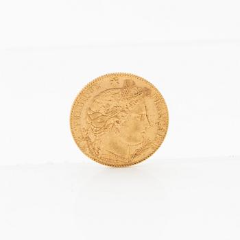 Gold coin 10 francs 1899 France.