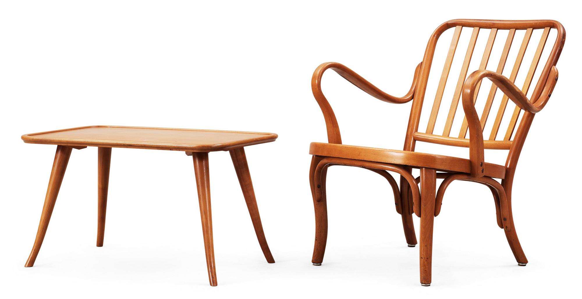 A birch bentwood armchair and table, by Thonet, 1930's.