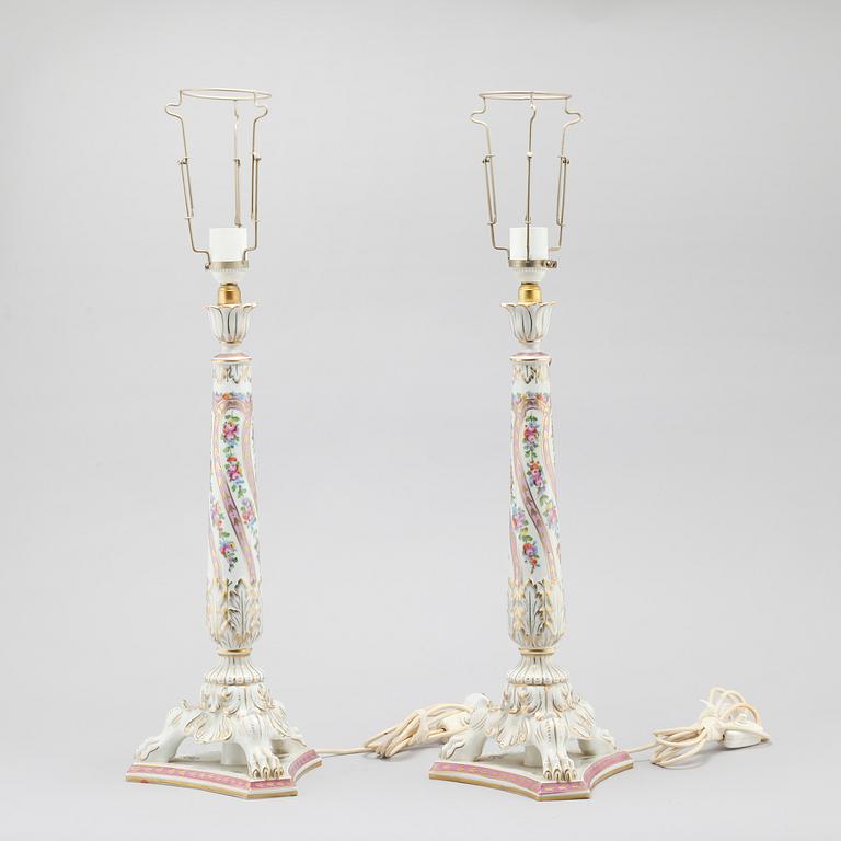 A pair of porcelain lamp feet by Dresden, made in the first half of the 20th century.