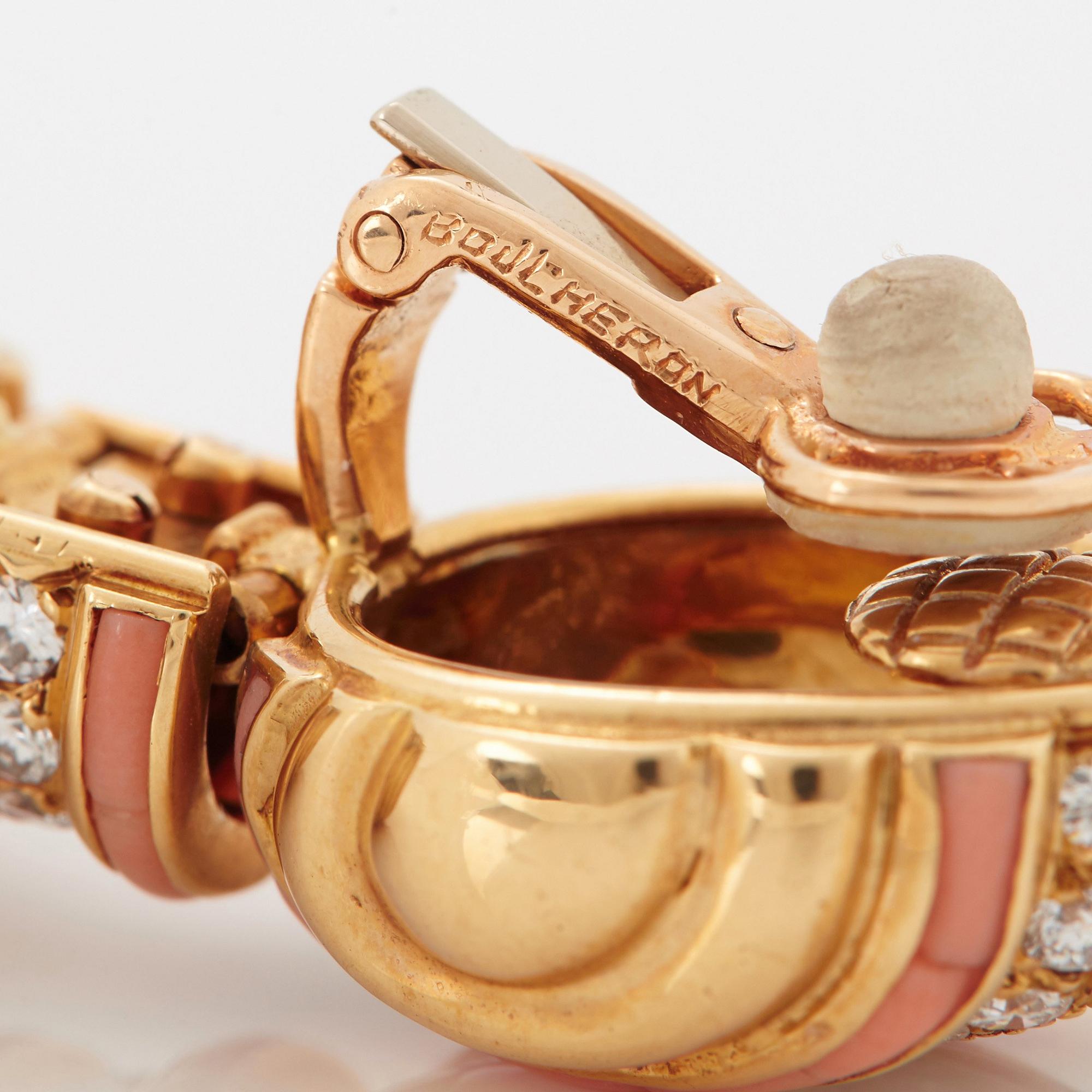 A pair of 18K gold Boucheron earrings set with round brilliant-cut diamonds and coral.