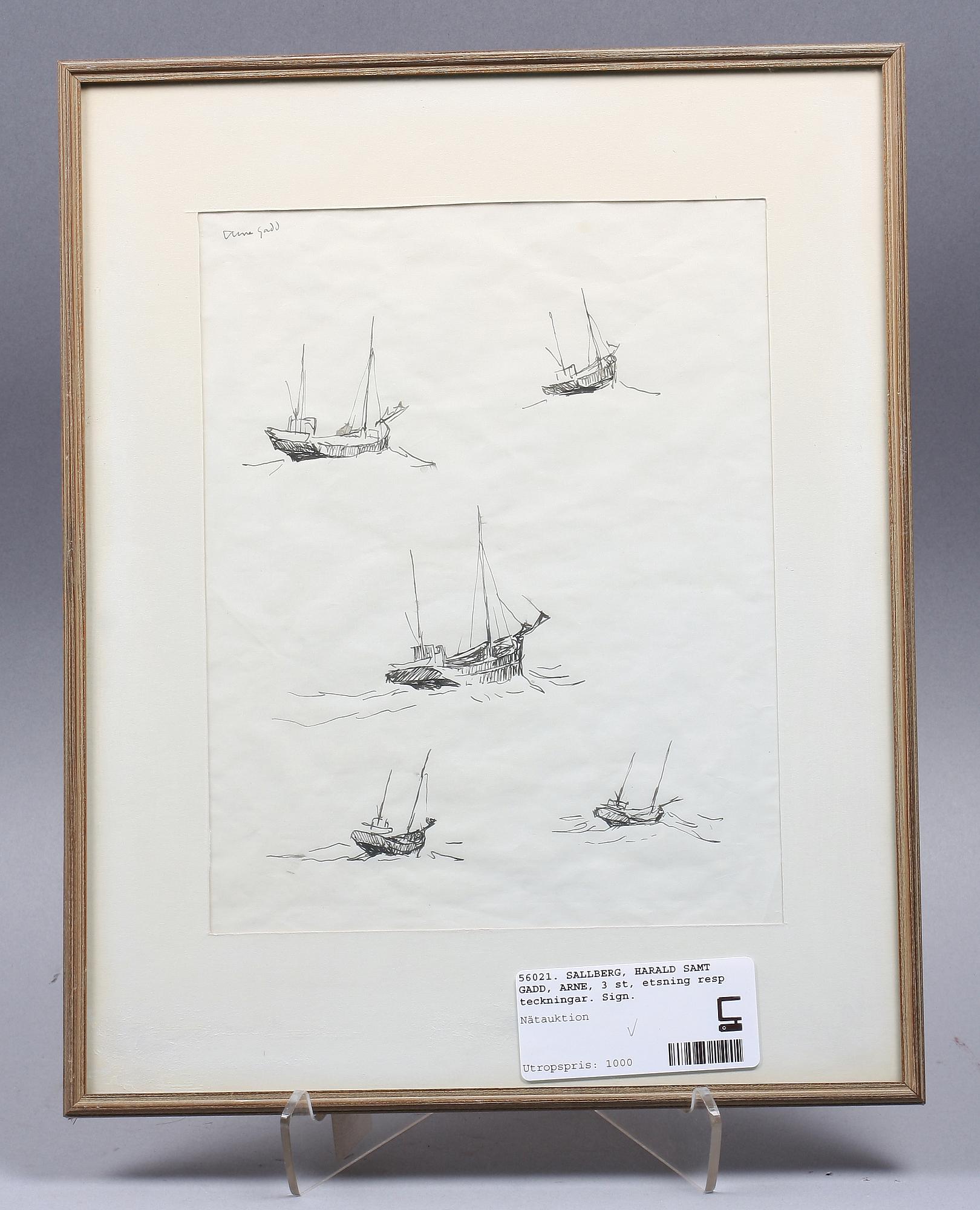 SALLBERG, HARALD, etsning, samt GADD, ARNE, teckningar, 2 st. Sign.