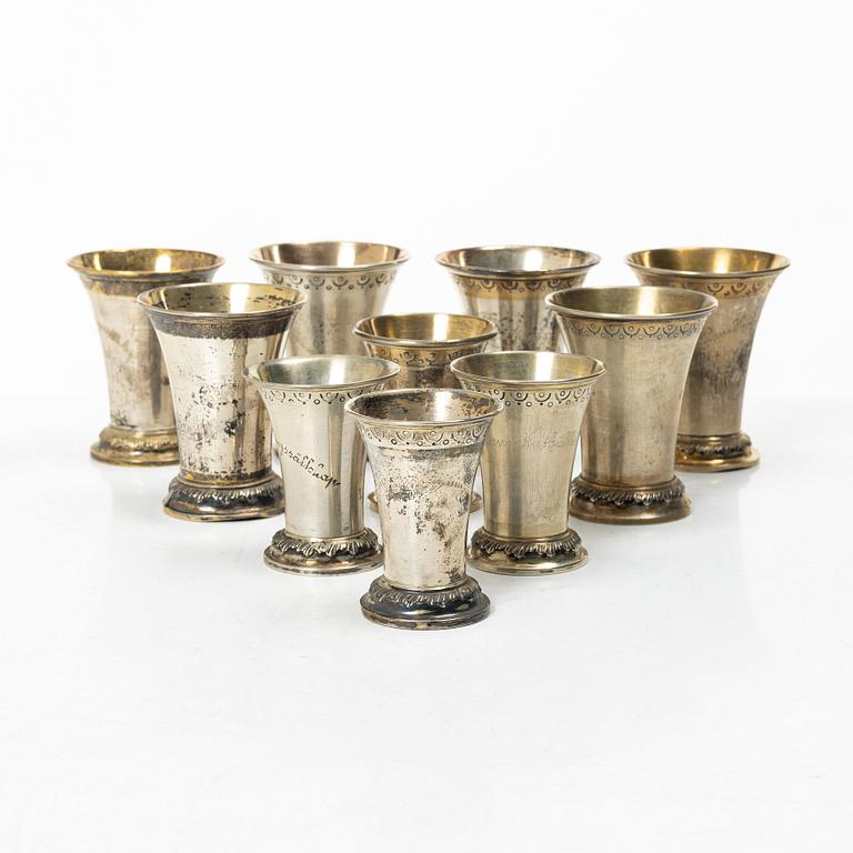 Ten Swedish silver beakers, mark of KG Markströms, Uppsala 1901-1908.