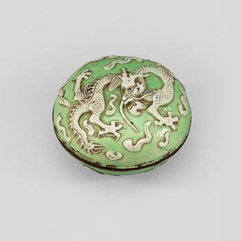 241. A bisquit pale green dragon box with cover, Qing dynasty 19th century.