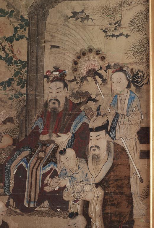 MÅLNING, figurscen med Shoulao, Qingdynastin, 1800-tal.