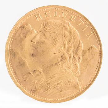 A Swiss gold coin, 20 Franc, 1935 LB.