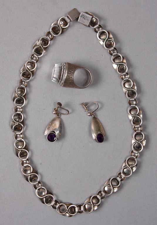 PARTI SMYCKEN, 3 delar, silver och glas, 1900-talets mitt.