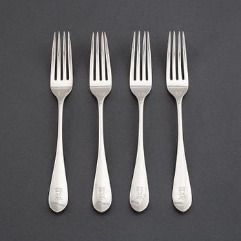 Four silver forks with von Eckermann crest, mark of Gustaf Möllenborg, Stockholm 1912.