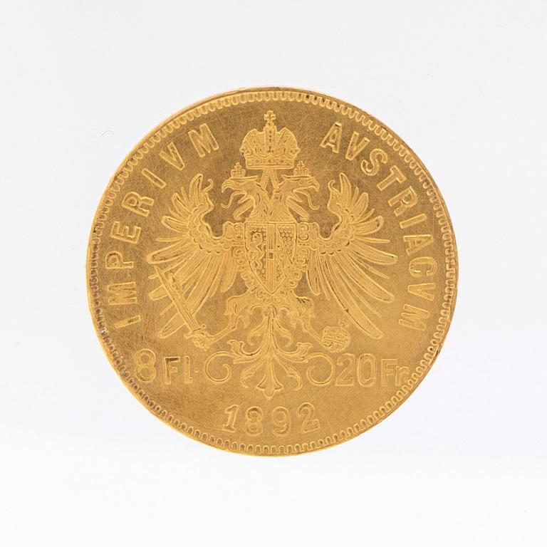 Gold coin 8 fl/20 fr, 1892 Austria/Hungary, Franz Joseph I.