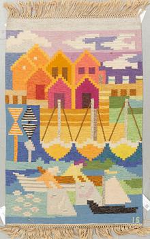 Ingegerd Silow, a textile, "Fiskeläge", flat weave, ca 124,5 x 81-83,5 cm, signed IS.