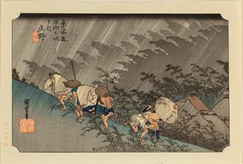 UTAGAWA HIROSHIGE (1797-1858), after, six coloured woodblock prints. Japan, 20th century.