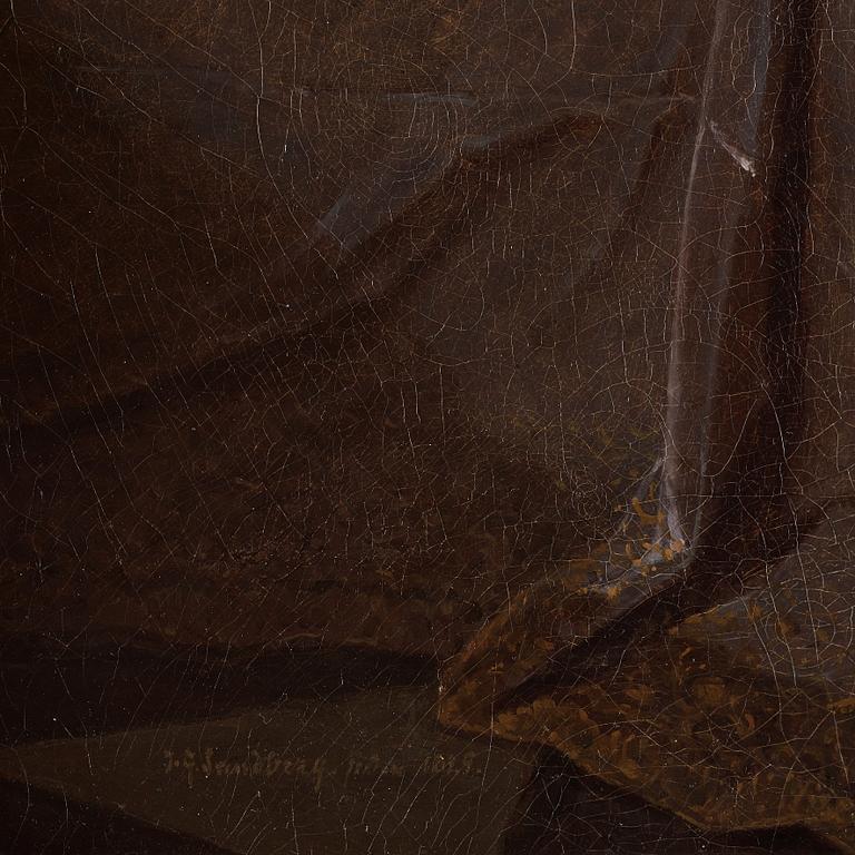 Johan Gustaf Sandberg, Gustav Vasa stående i en slottsinteriör intill ett draperat bord vilandes ena handen på Vasabibeln.