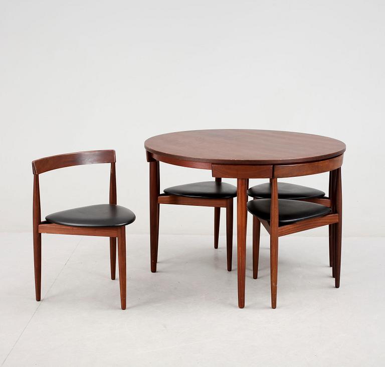 A Hans Olsen teak dining table with four chairs, Frem Røjle, Denmark 1950's.