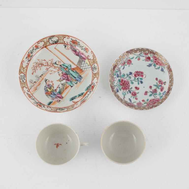 A set of five famille rose cups and four dishes, Qing dynasty, 18th Century.