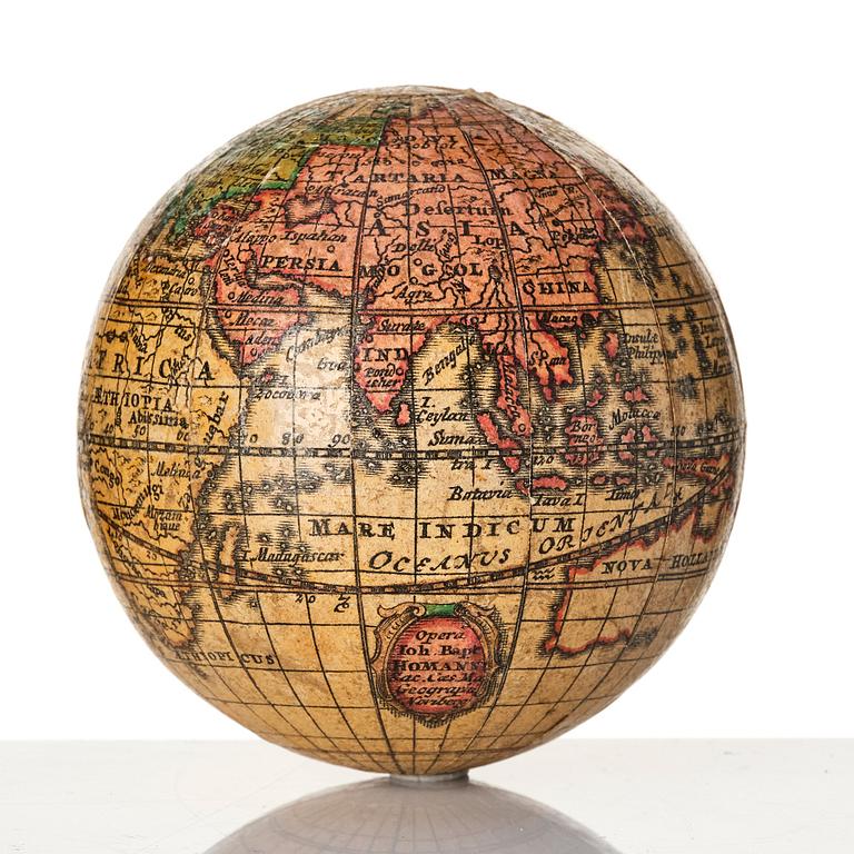 A German 2 ½-inch pocket globe with case by Johann Baptist Homann, Nuremberg, circa 1710.