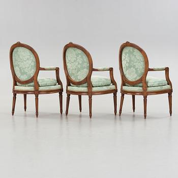 Three Gustavian late 18th century armchairs by Johan Hammarström, master 1794.