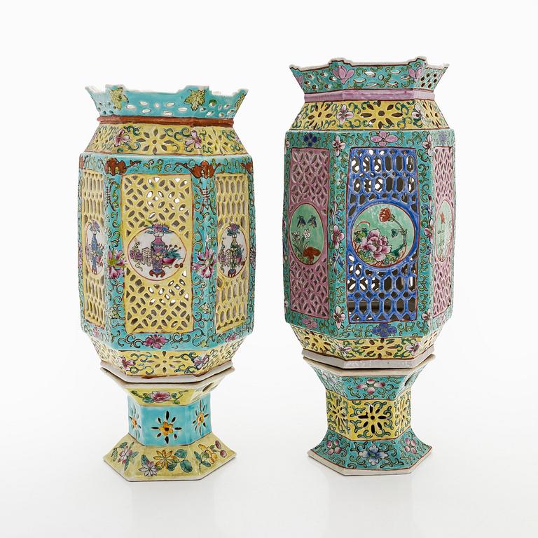 Two Chinese mid-20th-century porcelain lanterns.