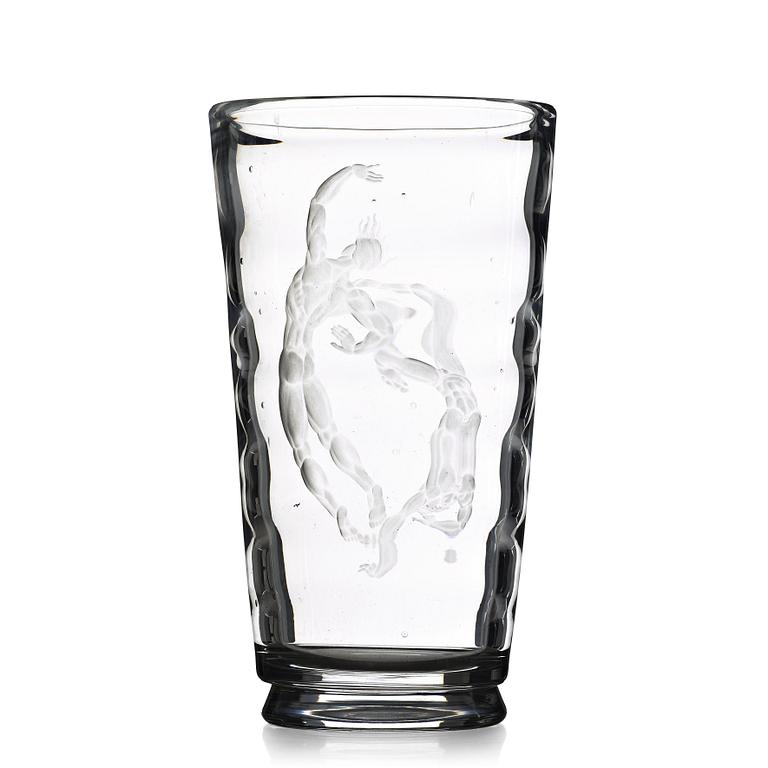 Vicke Lindstrand, an engraved "Pearl fisher" glass vase, Orrefors, Sweden 1956.
