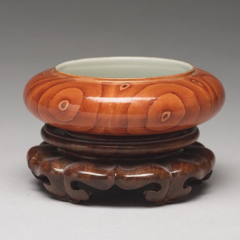 A 'faux bois' brush washer, Qing dynasty with Qianlong seal mark in gold.