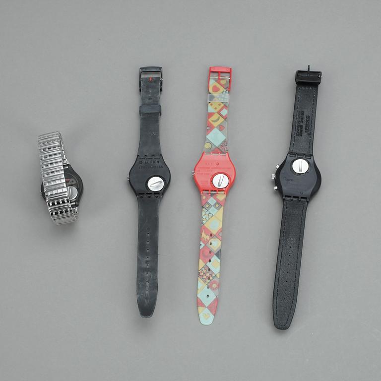 SWATCHKLOCKOR, 4st, "Wall Street", "Bark Bark", "360 Rouge Sur Blackout", "Silver Plate", plast, ca1991-1995.