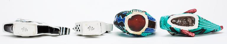 Four Gunnar Nylund stoneware figures, a rooster, bird and two fishes, Rörstrand.