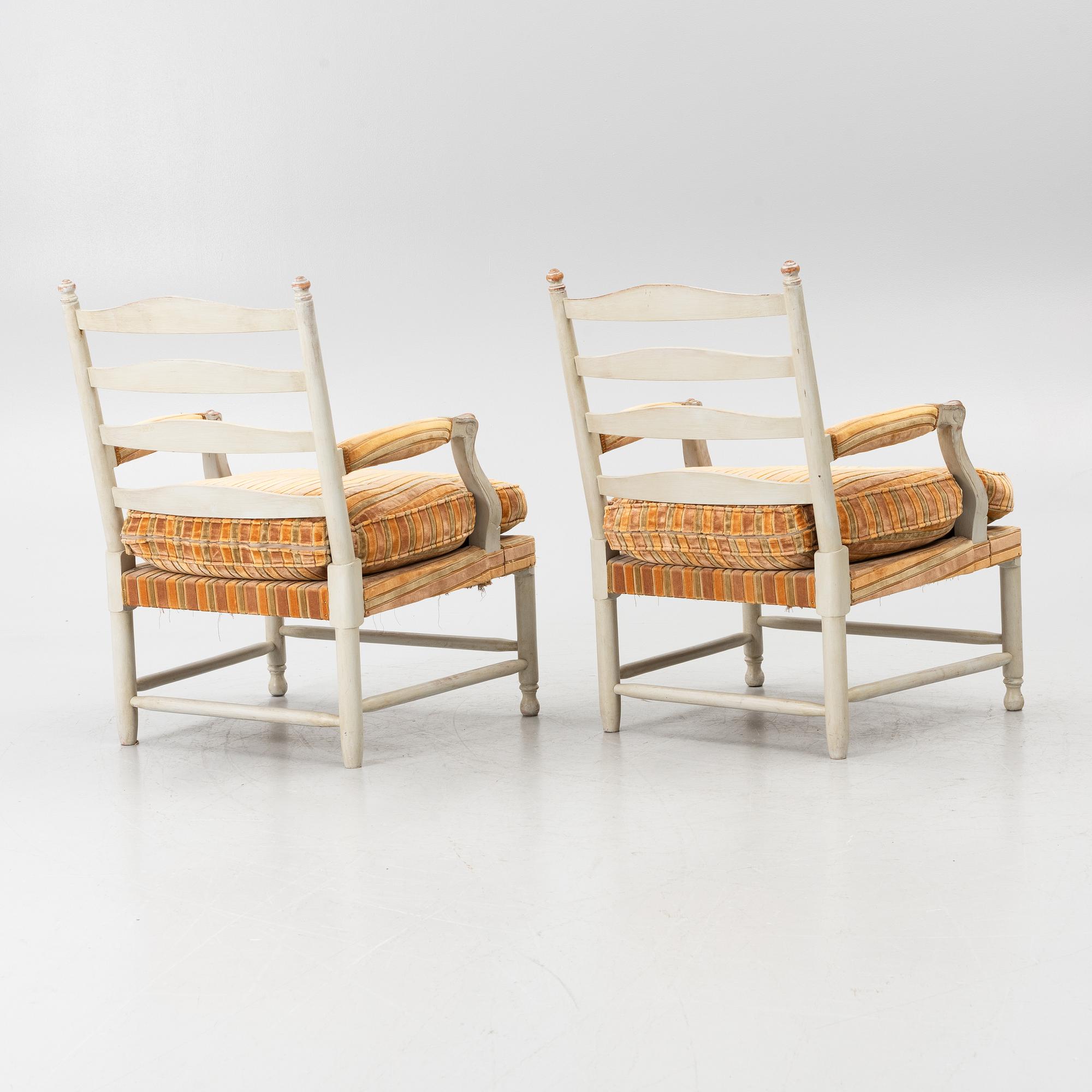Armchairs, a pair, 'Gripsholm Armchair no. 53', SO Larsson Stilmöbler, second half of the 20th century.