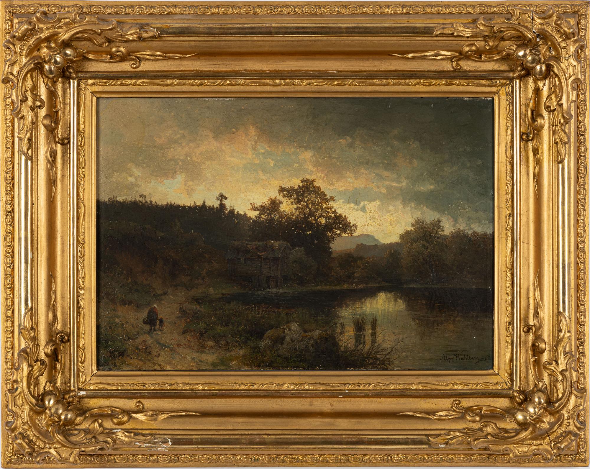 Alfred Wahlberg, Lakeside Landscape at Dusk.