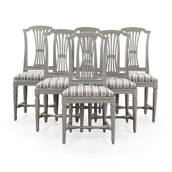 Six late Gustavian late 18th century chairs.