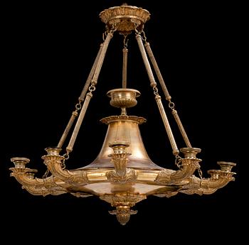 An Empire early 19th century gilt bronze ten-light hanging lamp.