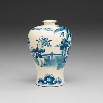 A blue and white soft paste meiping vase, late Qing dynasty (1644-1912), with Kangxi six character mark.