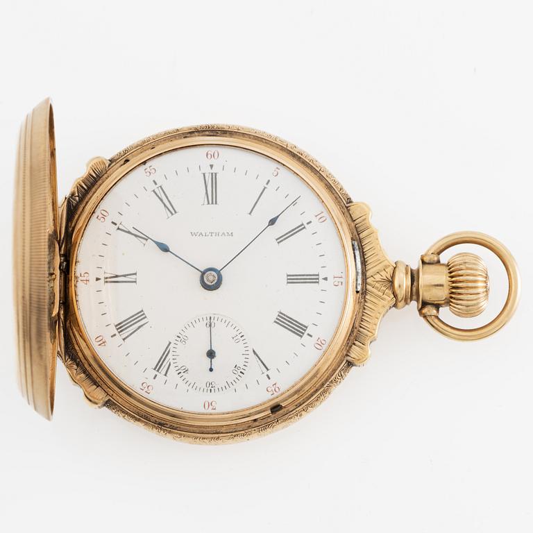 American Waltham Watch Co, fickur, savonett, 14K guld, med kedja, 53,5 mm.