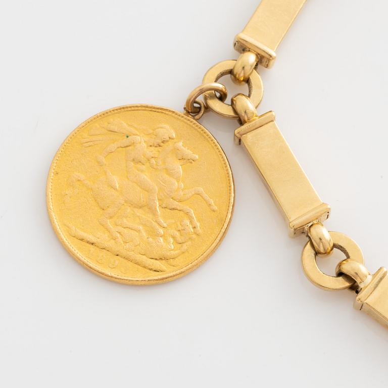 Bracelet 18K gold, Italy, with gold coin, sovereign.