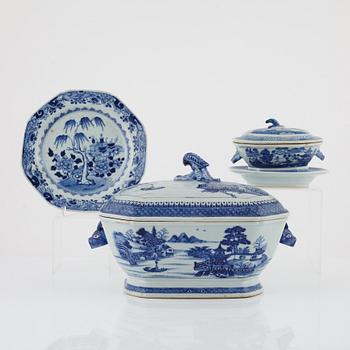 A blue and white tureen with cover, a plate and a butter tureen with cover and stand, China, 18th and 19th century.