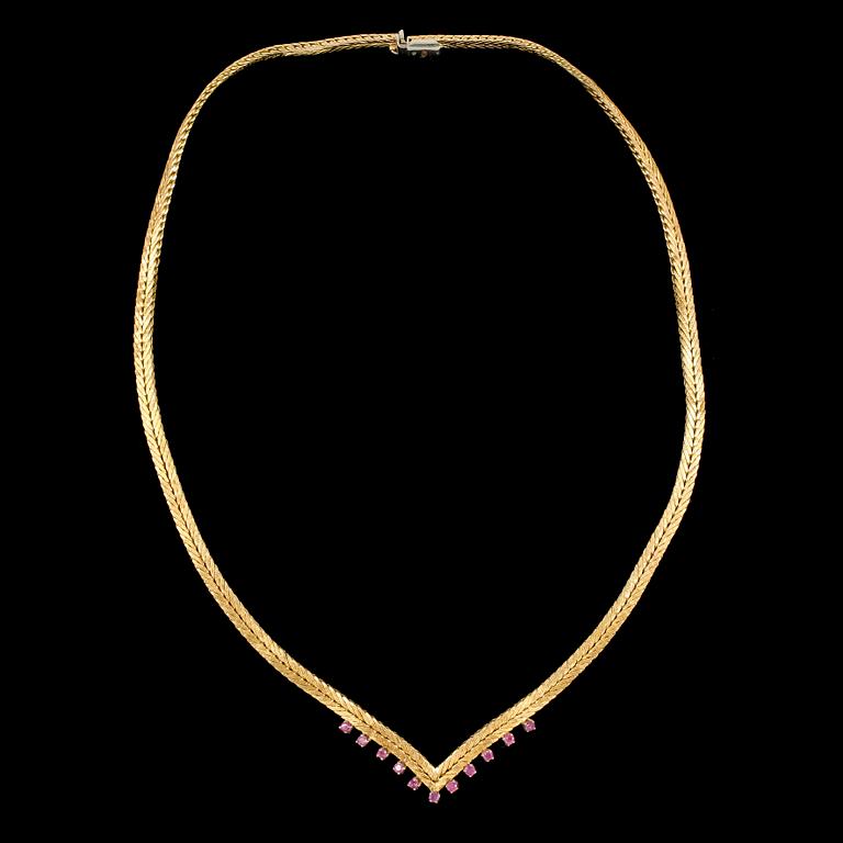 COLLIER, 18k guld med rosa stenar. Tot ca 33 gr.