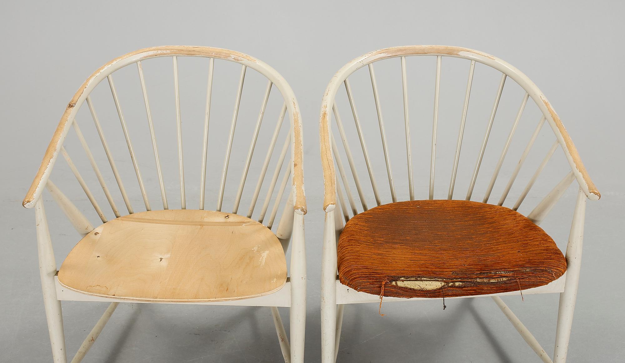 KARMSTOLAR, 2 st, "Solfjädern", Sonna Rosén, Nässjö Stolfabrik, formgiven 1948.