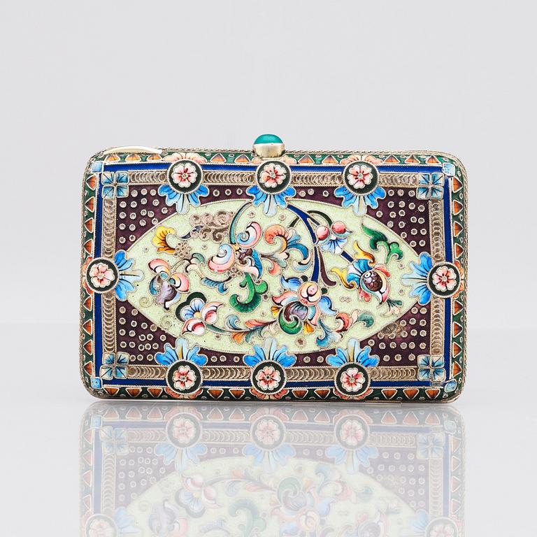 A Russian parcel-gilt silver and cloisonné enamel cigarette-case, Bril & Girshman, Moscow 1908-1917.