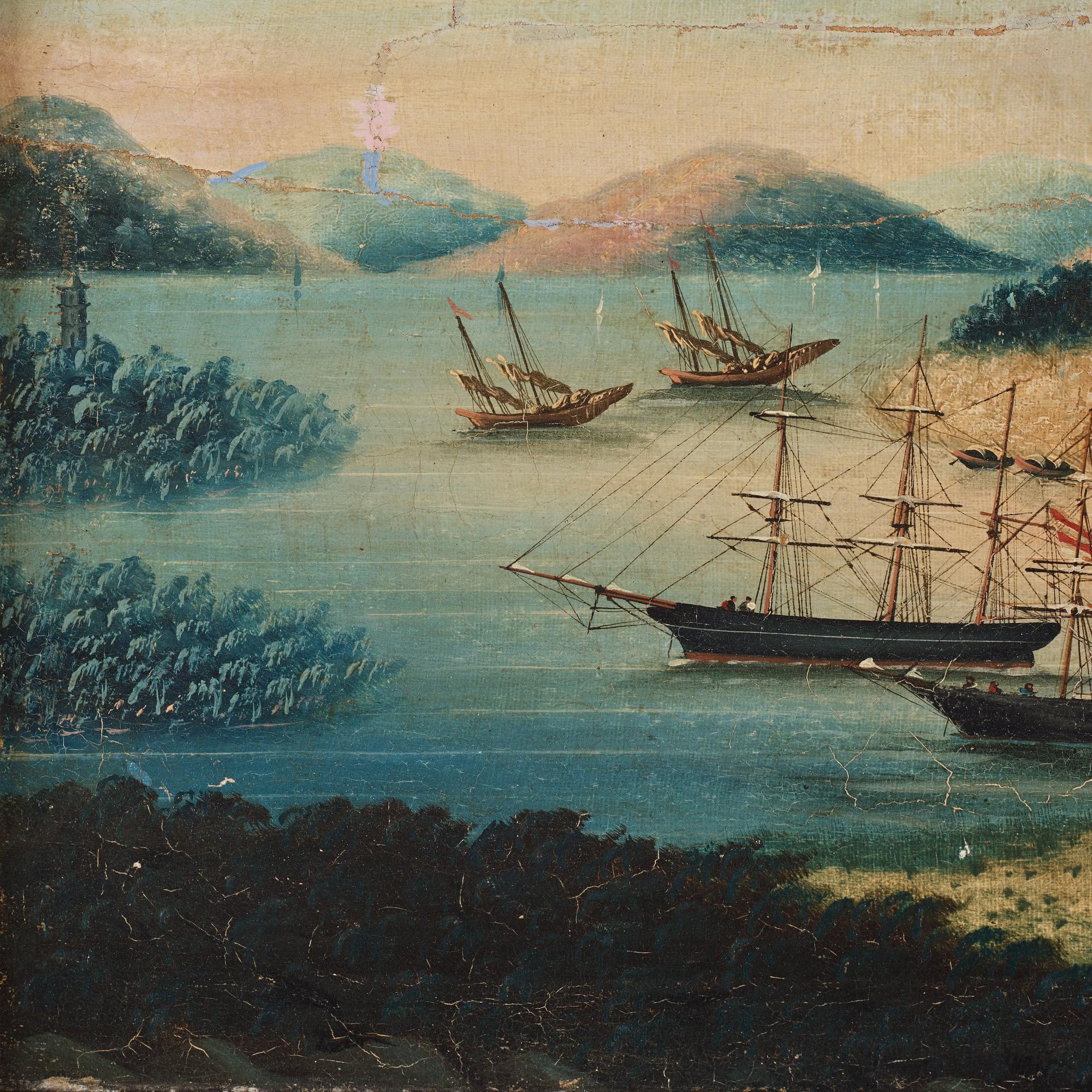 A oil painting of Whampoa Anchorage, Chinese School, Qing dynasty, 19th Century.