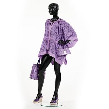 LOUIS VUITTON, a purple beach ensemble consisiting of a tunic, sandalettes, and two bags.