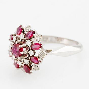 Ring in 14K gold with round brilliant and octagon-cut diamonds and rubies.